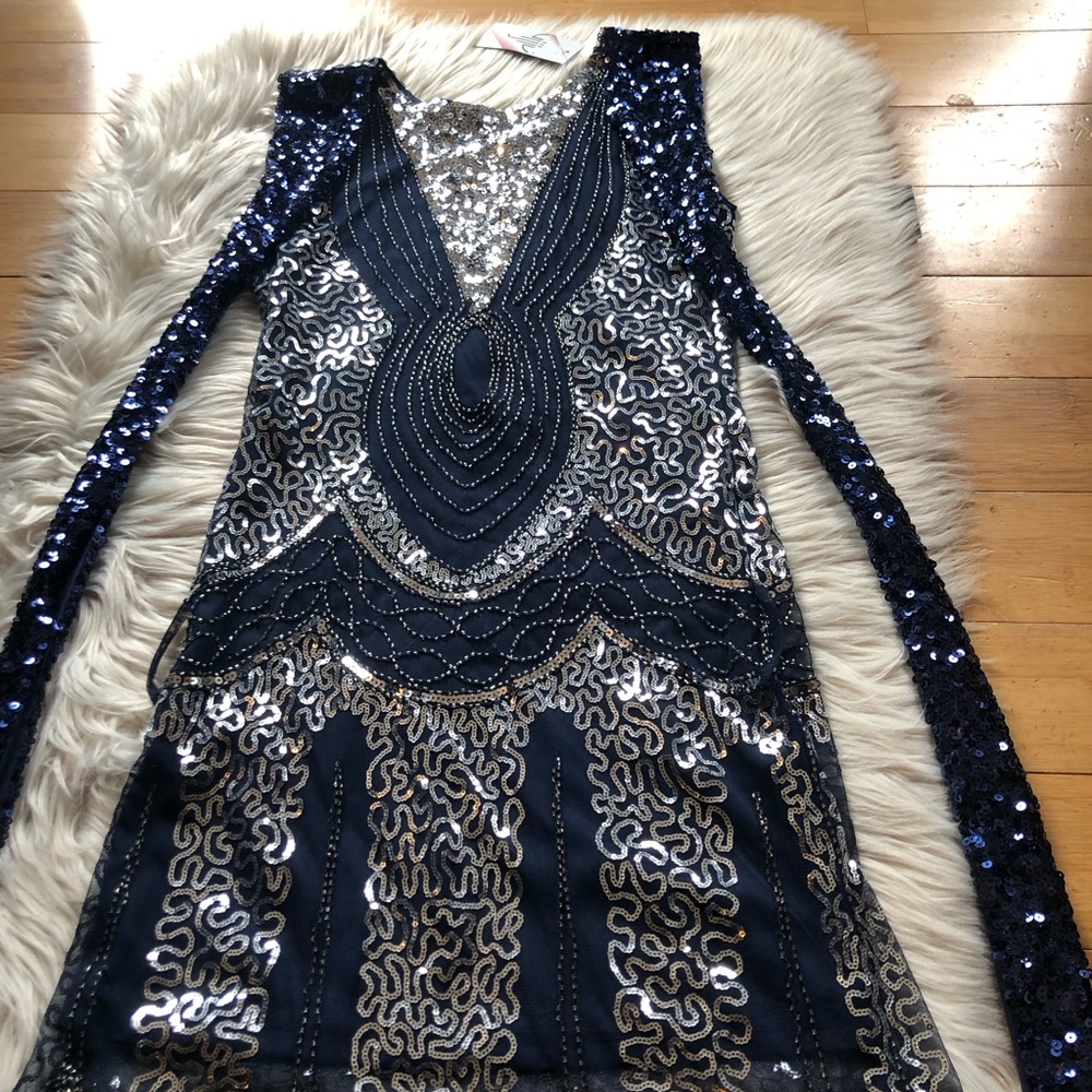 SOLD Sequins Flapper Dance Sport Glamorous Party Navy Silver Evening Dress S - Picture 7 of 16